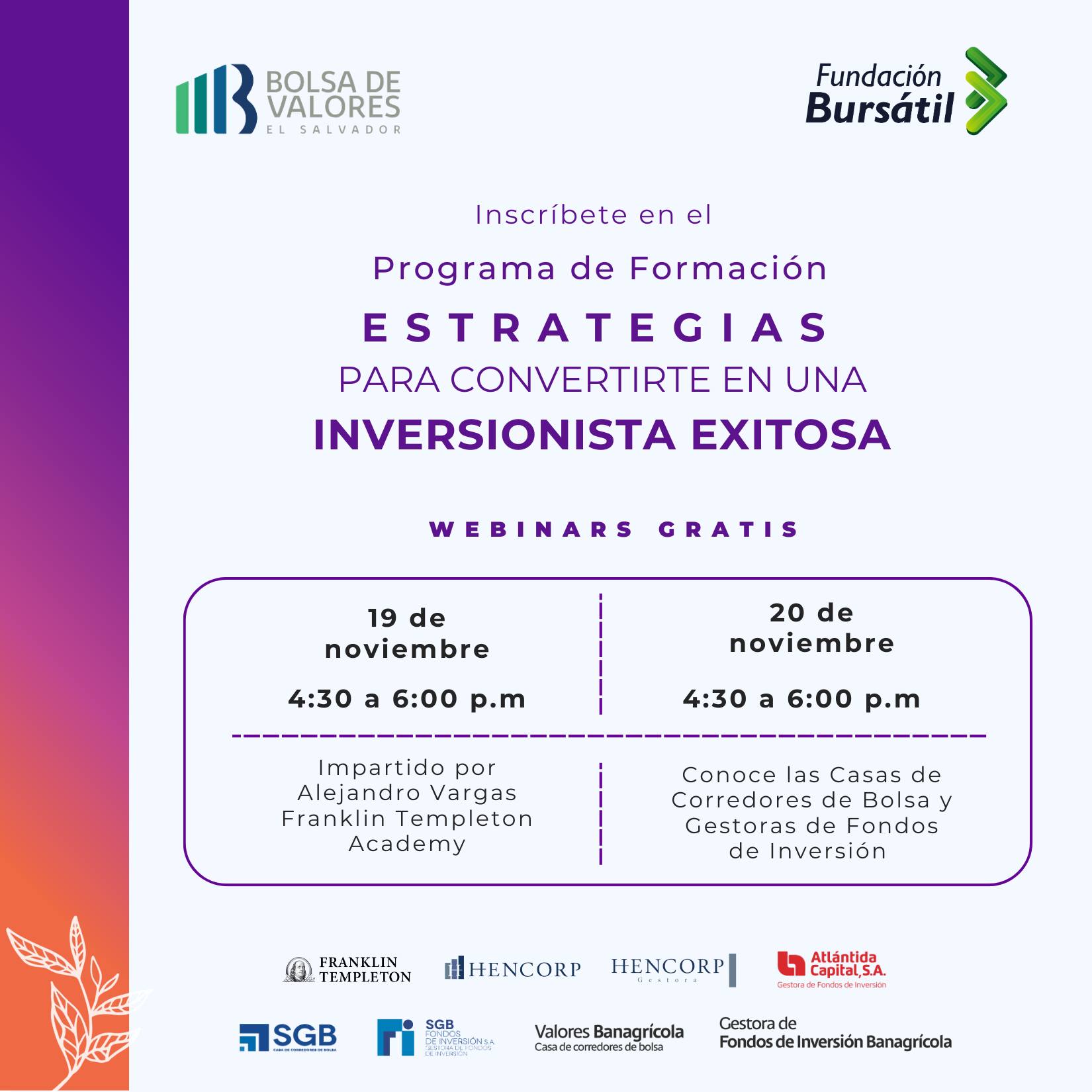 Programa De Formación:   "Estrategias para Convertirte en una Inversionista Exitosa"